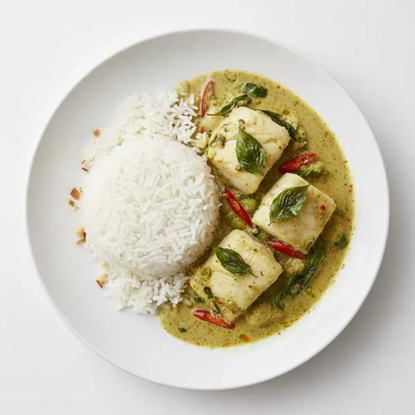Bangkok Style Basil Fish Curry with Steamed Coconut Jasmine Rice